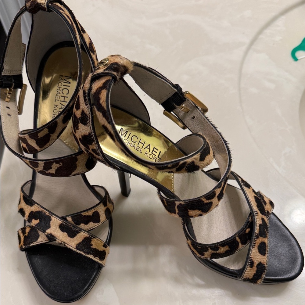 MICHAEL Michael Kors Leopard Print Strappy High Heels in Brown and Black